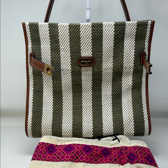 Tory Burch Lee Radziwill NWT Striped Cotton and Linen Twill Double Bag - Picture 12 of 16
